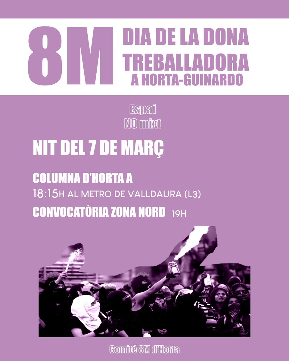 💥 *8M A HORTA-GUINARDÓ* 💥
Programació del dia:
👉 *9h* ESMORZAR al CJ Girapells
👉 *10:30h* CERCAVILA (punt d'inici CJ Girapells)
👉 *14:00h* DINAR POPULAR NO MIXTE a la Bugadera

Vine i defensem els nostres drets com a dones treballadores, *visca la lluita feminista!*💜