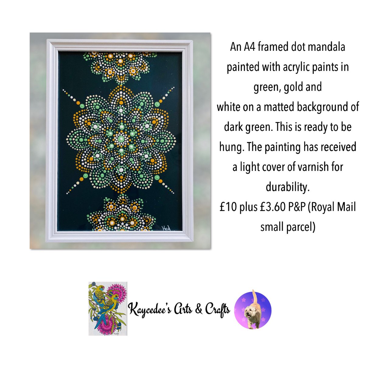 KaysArtsnCrafts's tweet photo. 🐶Here’s a framed dot mandala, all ready to post! I can do commissions in any colours of your choice! #forsale #commissions #mandalas #dotmandalas #handpainted #art #mandalaart #dotpainting #dotting #htlmp https://t.co/HTj4XmXbJI