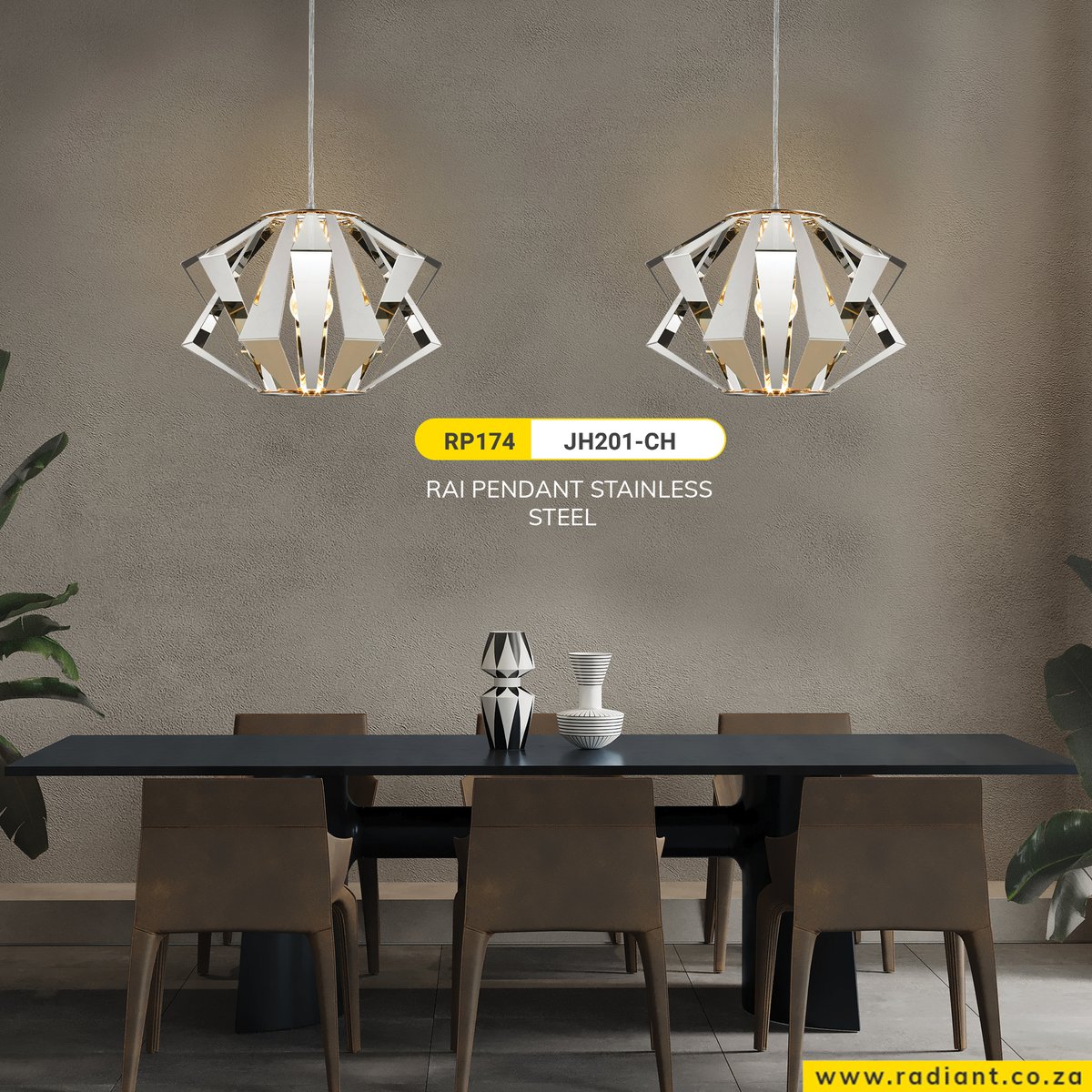 Uniquely shaped pendant lights suspended above a dining room table add an element of interest and can serve as a talking point among guests: bit.ly/3sOwi4G