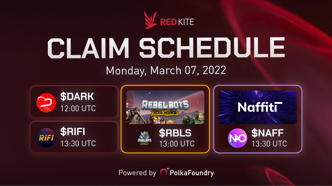 redkitepad's tweet image. 🚀 FRIENDLY REMINDER 🚀

Let&apos;s have a look at the claim session today 

@DarkFrontiersGS $DARK: 12:00 UTC
@RikkeiFinance $RIFI:          13:30 UTC
@REBEL_BOTS $RBLS:         13:00 UTC 
@NFTDAOfficial $NAFF :     13:30 UTC 

Mark ⏲️ claim your tokens in time

$PKF