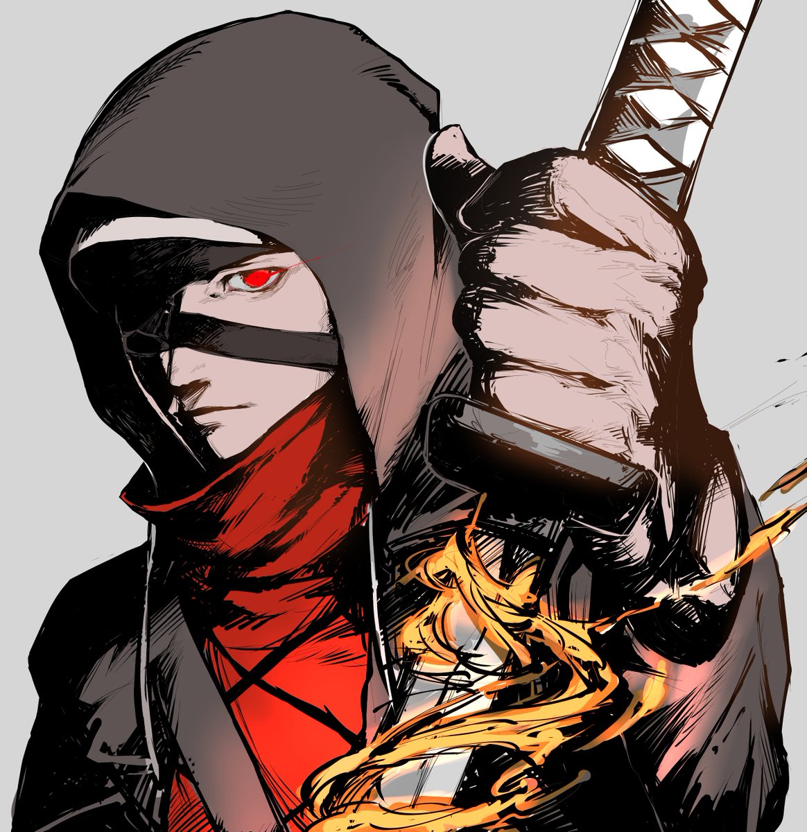 1boy weapon male focus red eyes sword hood solo  illustration images