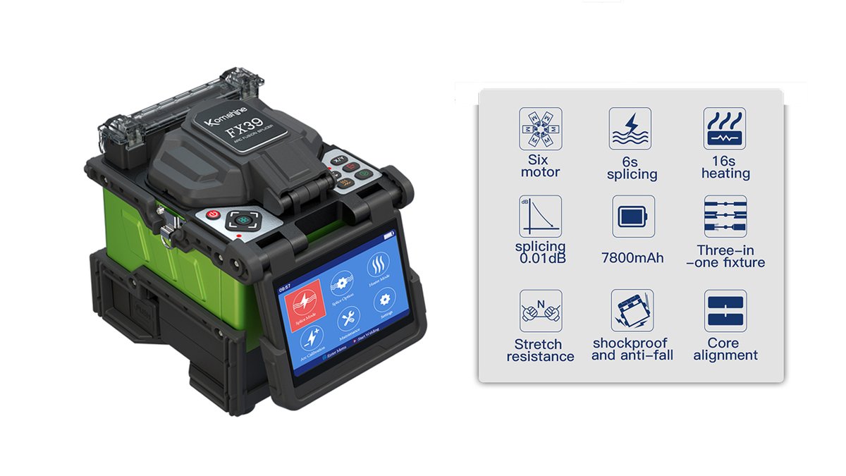 KomshineOptical's tweet photo. This is a trunk fusion splicer that is hot selling--FX39, six motors, real #fiber core splicer, 6s splicing and 16s heating, average loss 0.01dB,7800mAh battery.
More detail please read the article as following:
https://t.co/VZOlNWAogP
info@komshine.com
#optical #FTTx  #network https://t.co/xYxr7BCXPP