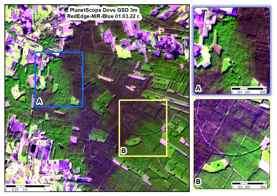 ProGea4D's tweet photo. PlanetScope posiadają teraz 8 kanałów spektralnych - Blue, Green, Red, NIR oraz 4 nowe: Coastal Blue, Green II, Yellow, a także RedEdge.
Gradacja Borecznika sosnowca (Diprion pini) w drzewostanach sosnowych (01.03.22) ukazana na różnych kompozycjach zobrazowania PlanetScope Dove. https://t.co/3x3dEuWbh0