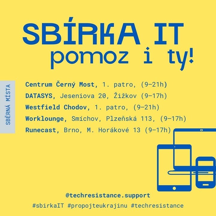 CeskoDigital's tweet image. 💻 Leží Vám doma nepoužívaný tablet, power banka, notebook, mobil nebo sluchátka? To vše se může hodit těm, co utekli před válkou, aby zůstali ve spojení s domovem a mezi sebou navzájem.
👉 Darujte notebook, tablet, telefon, powerbanky (i nefunkční).