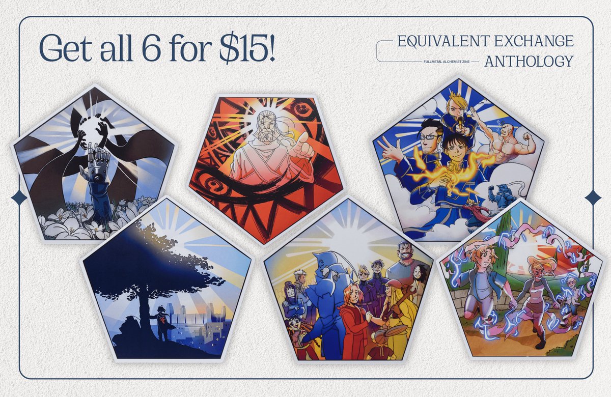 EE_Anthology's tweet photo. What's your favorite #FMA OP? ๐ต We're willing to bet one of one of @haikucifer's gorgeous stickers captured it!
These huge, vibrant pentagonal stickers are $3 each โ or get all 6 at a discount in our after-sales shop!
https://t.co/SFeQRhda6Y
#FMAMerch #FullmetalAlchemist https://t.co/FwhtzhIfV9