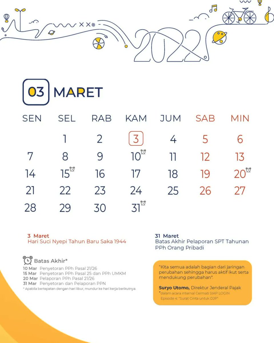 pajakjaksel1's tweet photo. Hai #KawanPajak
Taxday is coming, yuk catat tanggal penting Maret 2022 dan segera tunaikan kewajiban perpajakan di bulan ini.

Geser untuk selengkapnya

#LebihAwalLebihNyaman 
#sptmasa https://t.co/GEBENsfchg