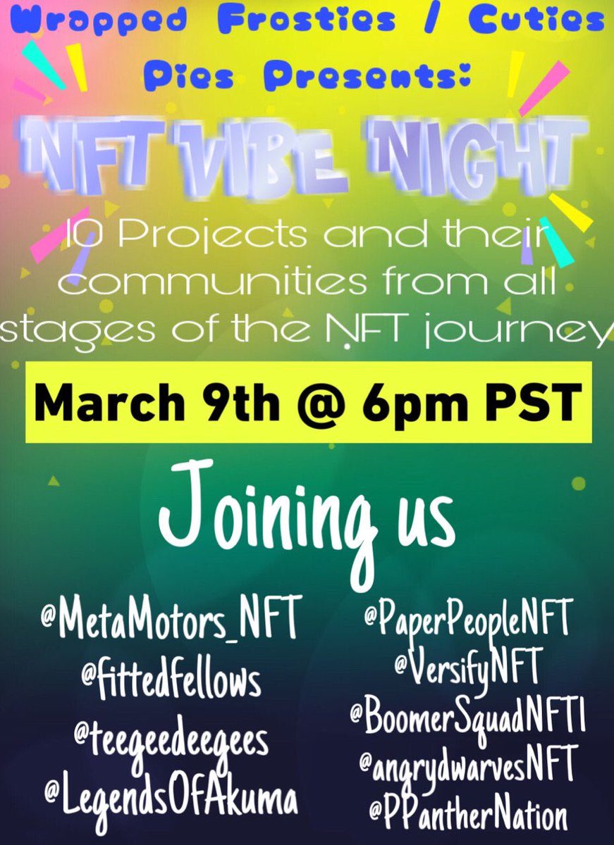 Join us and 9 other #NFTProjects in our first #NFTVibeNight 

Join, learn, VIBE 🙌
<a href="/MetaMotors_NFT/">MetaMotors</a> @fittedfellows <a href="/teegeedeegees/">The Good Doctor's Ghosts</a> @LegendsOfAkuma <a href="/PaperPeopleNFT/">Paper People | MINTING NOW</a> @VersifyNFT <a href="/BoomerSquadNFT1/">BoomerSquad & PUUSH</a> @angrydwarvesNFT <a href="/PPantherNation/">Panther Nation</a> 

x.com/i/spaces/1djGX…