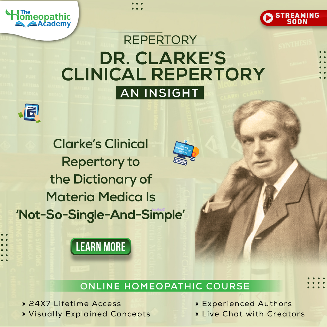 THA_Homeopathy's tweet photo. Did you know Clarke’s Repertory is a compilation of five different reperories- Repertories of Causation, 
Temperaments, Clinical Relationships and Natural Relationships. 
Let’s learn all of them in the digital online homeopathy course Clarke’s Clinical Repertory  only on  THA https://t.co/mwoxEn1iSN