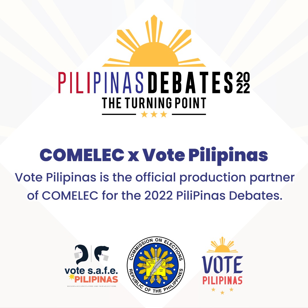 VotePilipinas's tweet photo. Vote Pilipinas is the official production partner of @COMELEC for the #PiliPinasDebates2022! 

Important dates:
Mar. 19 - Presidential Debate
Mar. 20 - Vice Presidential Debate
Apr. 3 - Presidential Debate
Apr. 23 - Vice Presidential Town Hall
Apr. 24 - Presidential Town Hall https://t.co/pgfvC6MGOj