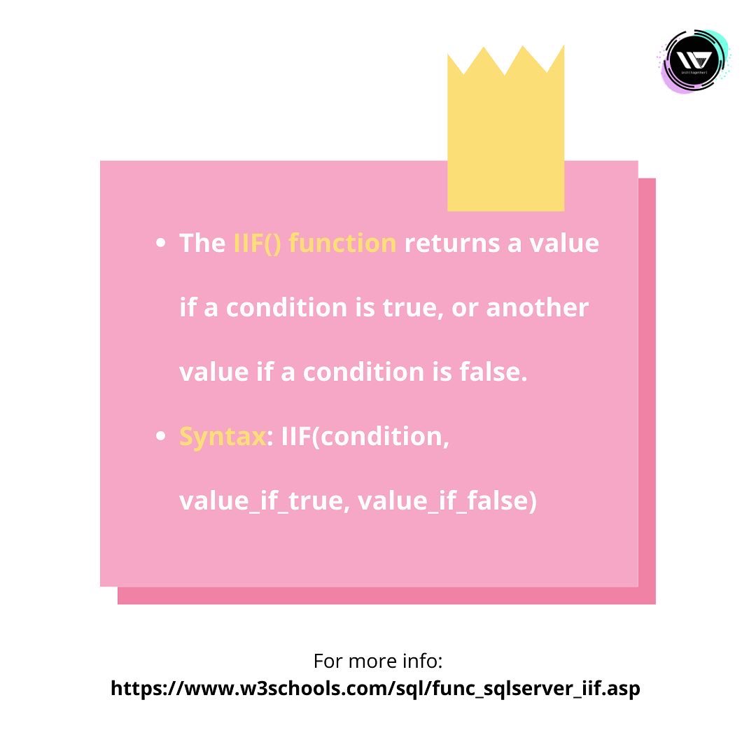 tmu_wics's tweet photo. 🔨 Built-in Function of the Day: SQL Server's IIF()  🔨 

The IIF() function returns a value if a condition is true, or another value if a condition is false.

#sql #programming #coding #codingtips https://t.co/iTbQGgu0zn