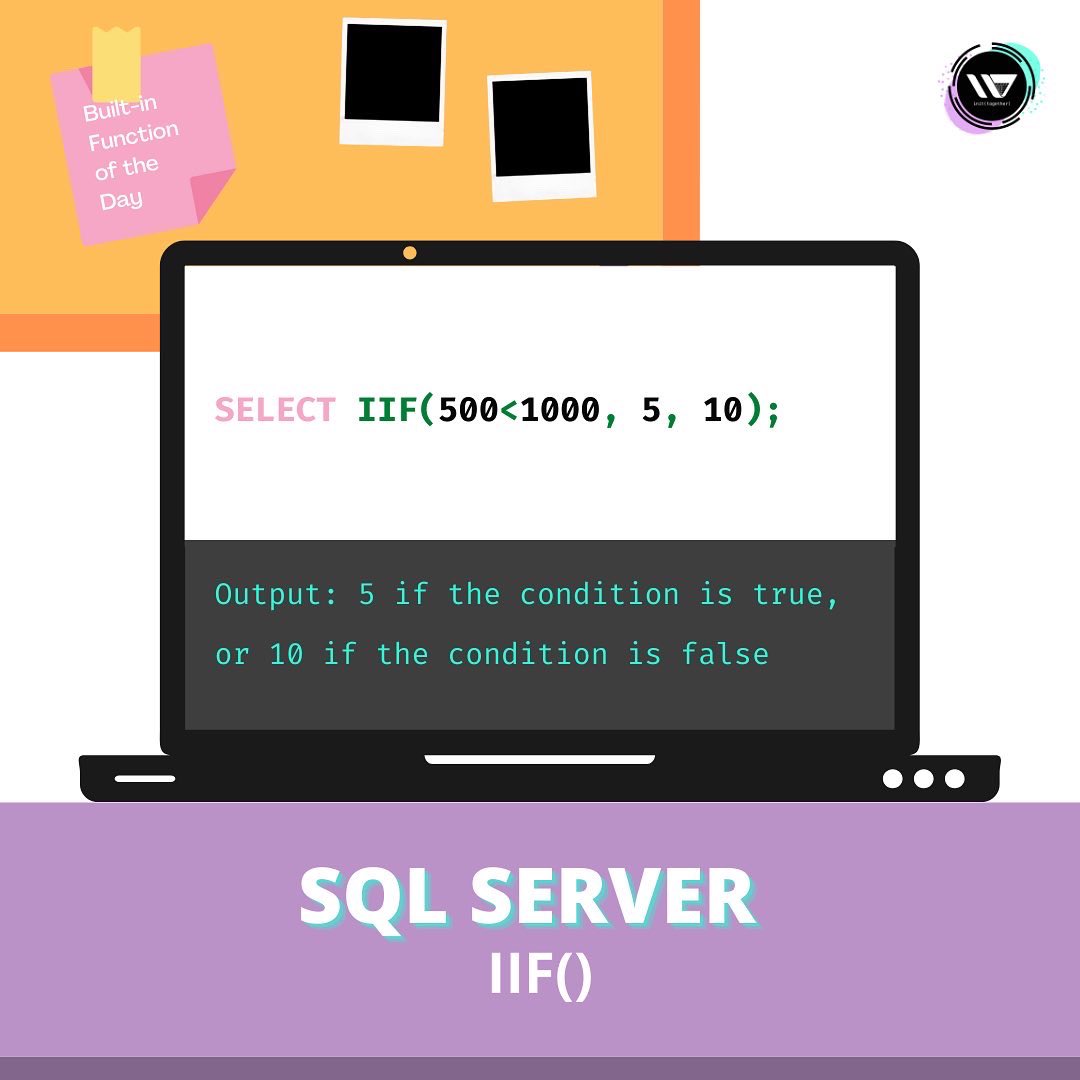 tmu_wics's tweet photo. 🔨 Built-in Function of the Day: SQL Server's IIF()  🔨 

The IIF() function returns a value if a condition is true, or another value if a condition is false.

#sql #programming #coding #codingtips https://t.co/iTbQGgu0zn
