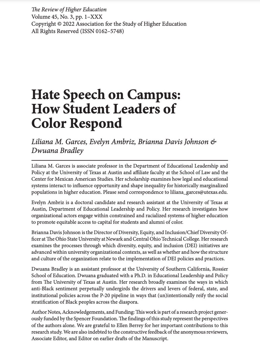 RHE_ASHE's tweet photo. Ahead of Print! 

Hate Speech on Campus: How Student Leaders of Color Respond by Dr. @garceslm, @_ambriz_e, Dr. @drbdjohnson, and Dr. @DwuanaBTweeting. “Findings illustrate how student leaders of color bolster inclusion.” Read the full article here: https://t.co/ptYtpBbIAe https://t.co/jJrm0mvsLb