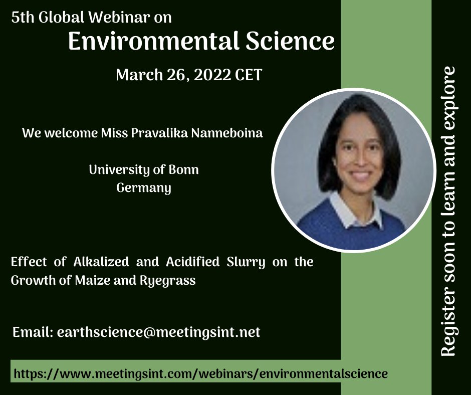 congress_earth's tweet photo. Join us along with Miss #PravallikaNanneboina from the University of Bonn, Germany to exchange your ideas at #WebinaronEnvironmentalScience scheduled on March 26, 2022
URL: https://t.co/DDOxXHlGQZ
Hurry UP! Register soon
#meetingsint #ecosystem #recycling #biogeochemistry #ewaste https://t.co/e0sGUSNU9a