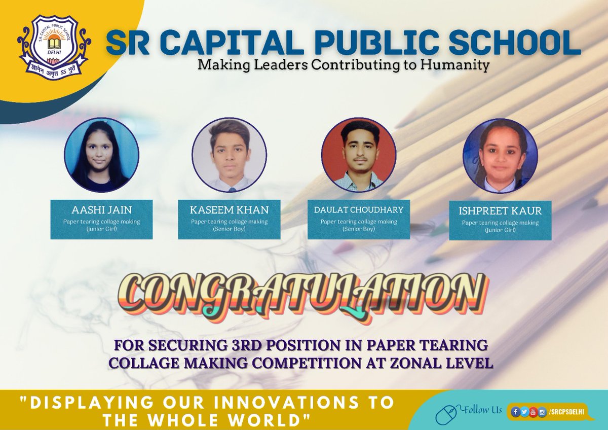 SchoolSRCapital's tweet photo. Art has the power to motivate, illuminate, inspire, prosper, get creative and be independent. Include Art in your way of living.
#Competition
#securing3rdposition
#papertearing
#collegemaking
#proud
@SRCPSDelhi https://t.co/ZxP7SMd4Na