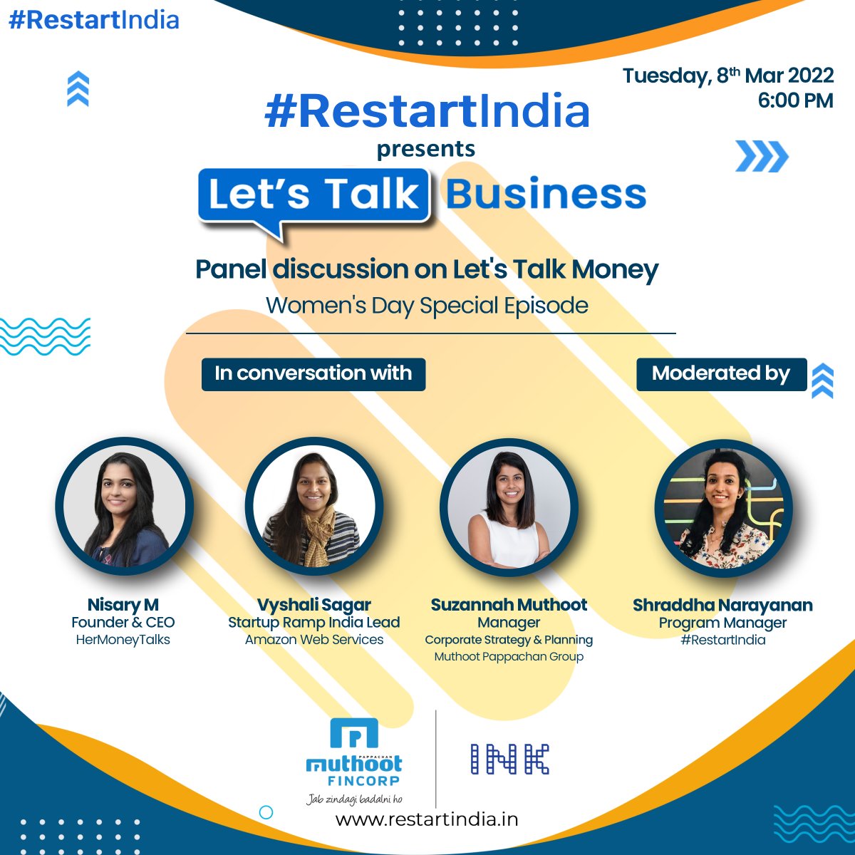 restartindianow's tweet photo. #RestartIndia presents - Let’s Talk Money! 
An exclusive Let’s Talk Business edition for Women’s Day featuring an interactive session with entrepreneurs and businesswomen to learn about their journey and experience with financial aspects of business growth. https://t.co/FWfOutjILM
