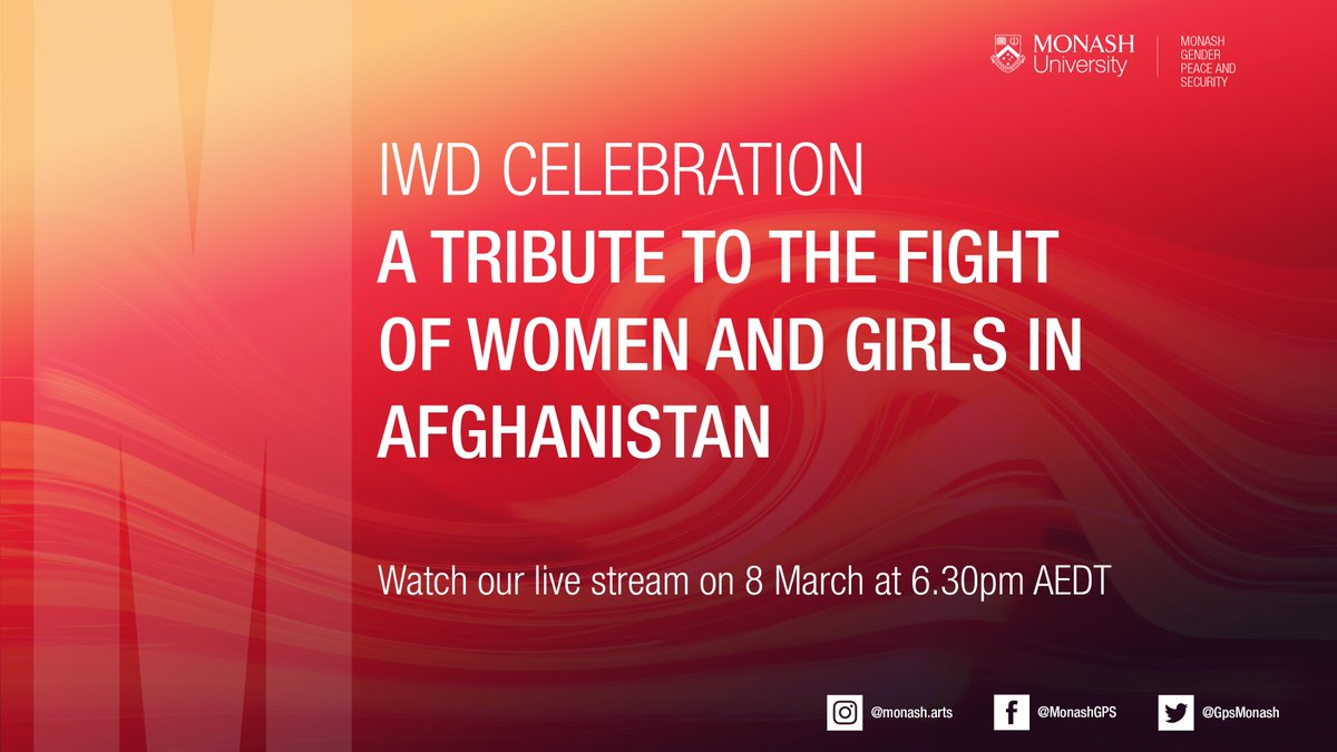 Monash GPS (@gpsmonash) on Twitter photo "A tribute to the fight of women and girls in #Afghanistan"
Join us in a musical celebration for #IWD2022 with scholars, performers and dignitaries from Australia, Monash and the Afghan diaspora
Live on the <a href="/MonashUni/">Monash University</a> Facebook page! bit.ly/371kepn "A tribute to the fight of women and girls in #Afghanistan"
Join us in a musical celebration for #IWD2022 with scholars, performers and dignitaries from Australia, Monash and the Afghan diaspora
Live on the <a href="/MonashUni/">Monash University</a> Facebook page! bit.ly/371kepn