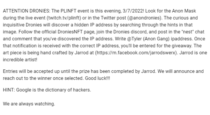 AnonDronies's tweet photo. ATTENTION DRONIES: The PLINFT event is this evening, 3/7/2022! Look for the Anon Mask during the live event (https://t.co/pDV9wf9qdO) or in the Twitter post (@anondronies). The curious and inquisitive Dronies will discover a hidden IP address by searching.. https://t.co/LdSH2cOuCs