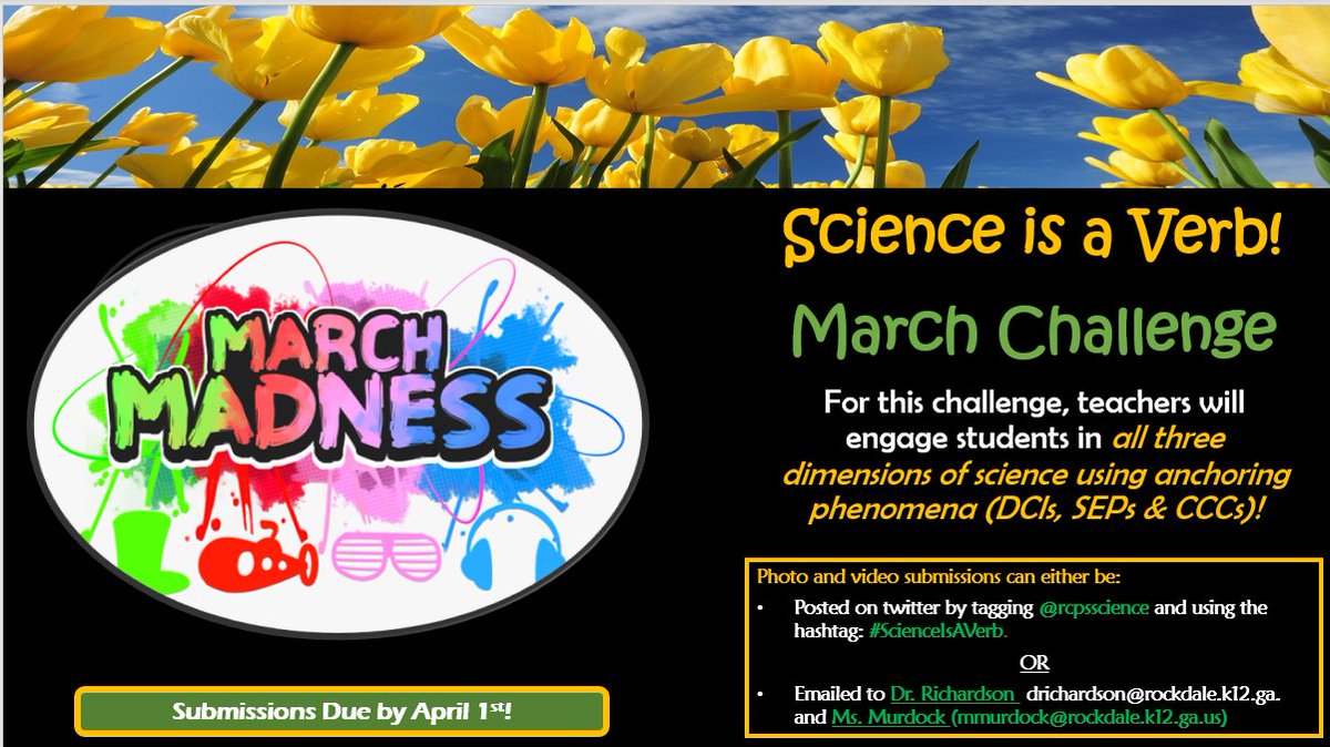 RCPSScience's tweet photo. 🗣Attention Science Teachers: Our #ScienceIsAVerb Teacher of the Month Challenge is LIVE for March! See flyer for how to make your themed submissions by April 1st. Be on the lookout for the announcement of our Feb. Winners! #WorldClassScience @RockdaleSchools @OattsTerry @RCPSCAO https://t.co/bhEWa8agef
