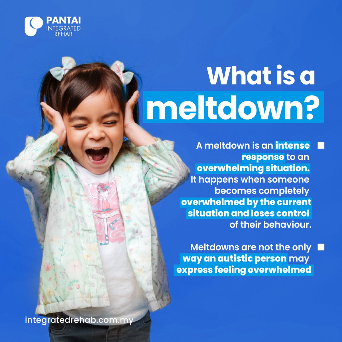 PantaiRehab's tweet photo. Did you know?
Children with ASD cry or flail because they need to release tension from their bodies in some way. They are overwhelmed with emotions or sensory stimulation, hence the occurrence of meltdowns.
#AustismSpectrumDisorder
#Autism
#PantaiIntegratedRehab https://t.co/gNFhCHfcNe