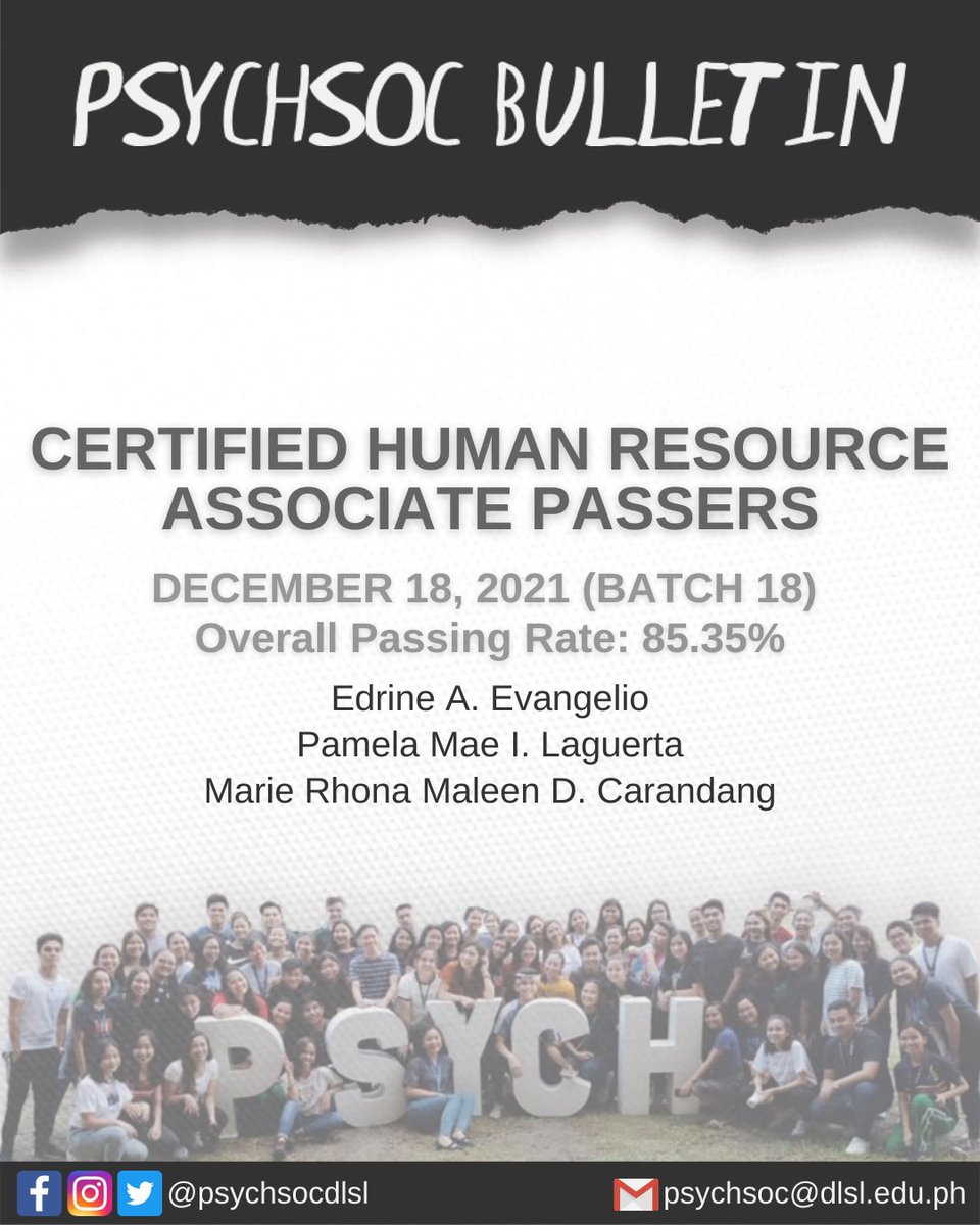 psychsocdlsl's tweet photo. PASSION. SERVICE. PURPOSE. 🦋

[1/2]

CONGRATULATIONS to all of the Psychology students who passed the Certified Human Resource Associate (CHRA) exam! 👏🏻🎉

#CHRAPassers #ANIMOPsych 
#LaPSYCHyanos #METAMORPHOS18 https://t.co/jJYBlTNjcq