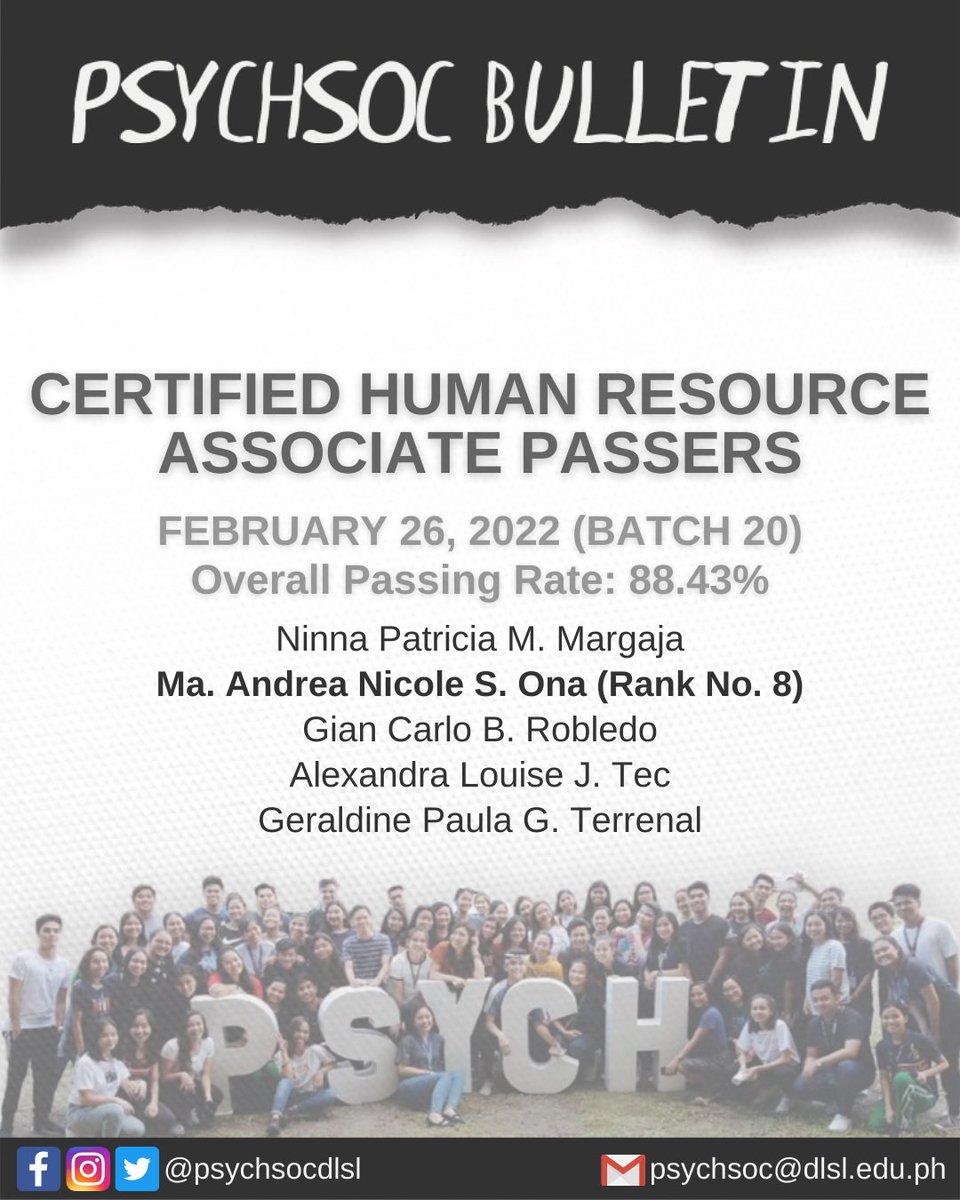 psychsocdlsl's tweet photo. PASSION. SERVICE. PURPOSE. 🦋

[2/2]

CONGRATULATIONS to all of the Psychology students who passed the Certified Human Resource Associate (CHRA) exam! 👏🏻🎉

#CHRAPassers #ANIMOPsych 
#LaPSYCHyanos #METAMORPHOS18 https://t.co/ZC44uAtuyF