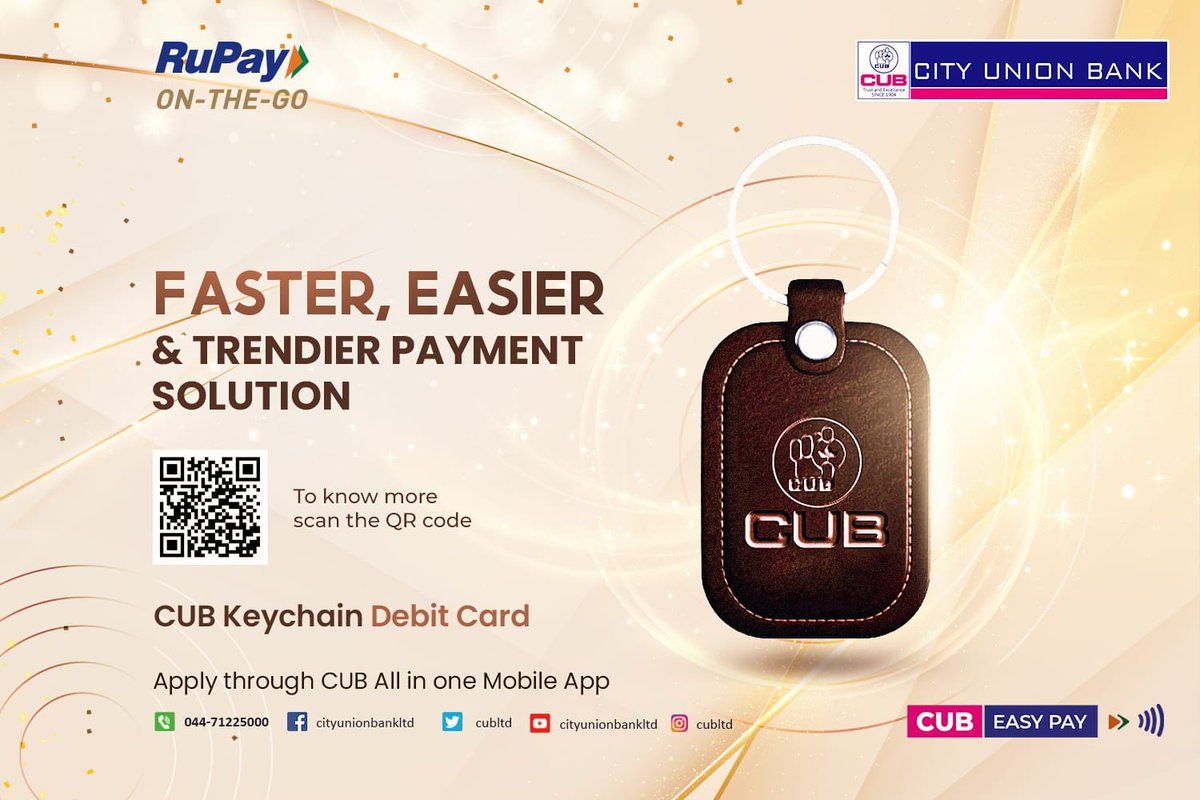cubltd's tweet photo. Experience faster check-out with contactless Pay-On-The-Go solutions.Apply for your CUB KeyChain DebitCard and CUBFit watch DebitCard through CUB All in One App or NetBanking. To know more https://t.co/tk3nJkIrhV
#cubltd #cityunionbank #RuPay #Rupayonthego #keychaindebitcard https://t.co/aNYmx5dKQr