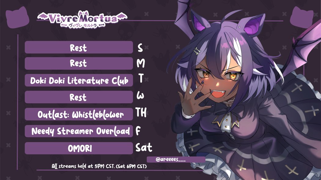 vivremortua's tweet photo. ◤Weekly Schedule &amp; Tags◢
✞ MAR 6th - MAR 12th

✦ LIVE: #VimorLIVE
✦ ART: #mortuART

✞🦇🕸️"lots of story games this week~!" https://t.co/6EZFProPbt
