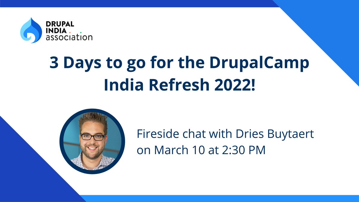 3 days to go for our upcoming event - the DrupalCamp India Refresh 2022. We kick-off on March 10 with a fireside chat with <a href="/Dries/">Dries Buytaert</a>! Are you excited?! Register forms.gle/DmbFJz1Sggc2xe… 
#drupal #DIARefresh2022