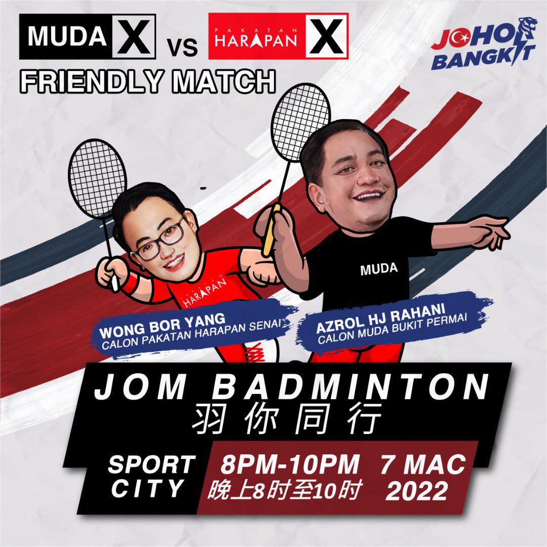 partimuda's tweet photo. Nak tengok calon MUDA bersaing dengan rakan politik di arena sukan? 

Jom ke Sport City pada jam 8 malam untuk menyaksikan calon MUDA Bukit Permai, @AzrolHjRahani dan calon Pakatan Harapan Senai, Wong Bor Yang beraksi di gelanggang badminton! https://t.co/E0V9FFEORV