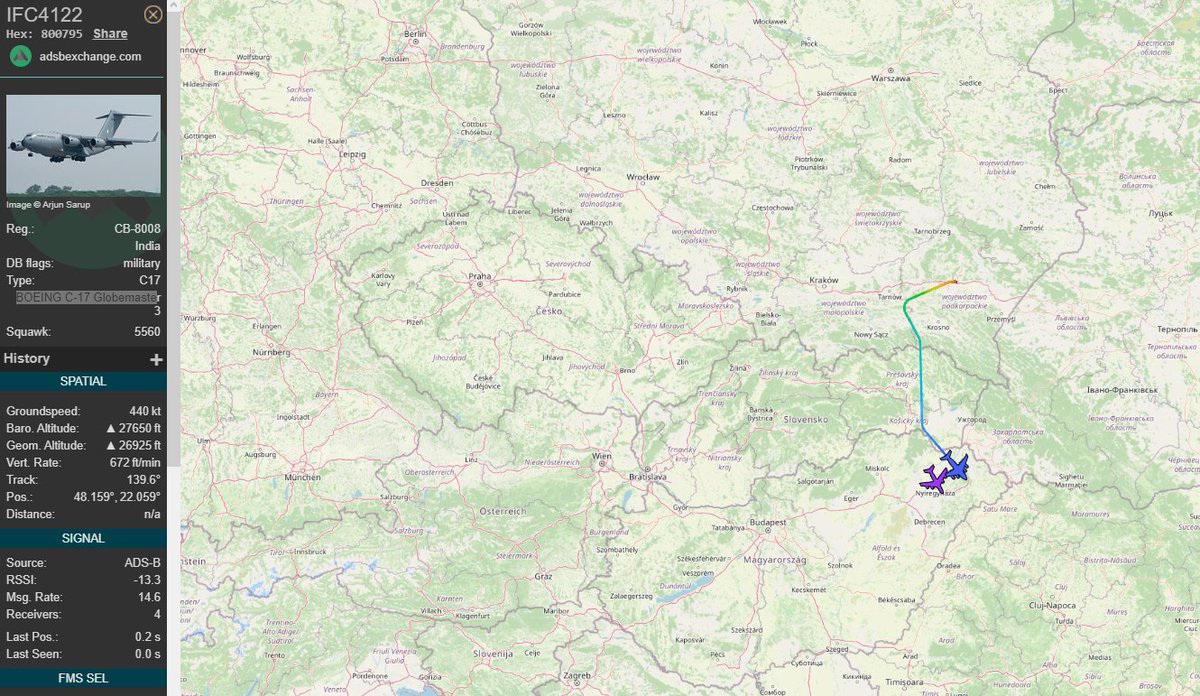 mil_scan's tweet photo. We have an #Indian  transport plane bound for #Romanian  on the #Ukrainian  border

🇮🇳 BOEING C-17 Globemaster callsign: IFC4122 https://t.co/OcYLT3z9ip