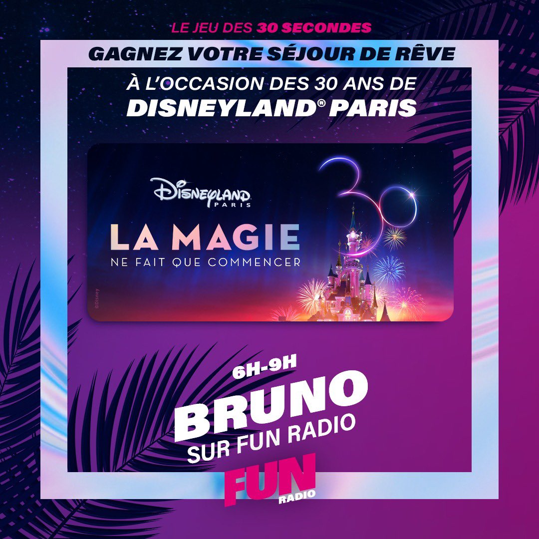 BRUNOFUNRADIO's tweet photo. ✨😍 Qui veut vivre un séjour de rêve à @DisneylandParis ? 
🔥 Accès aux Parcs avec des nouveautés, nuit d’hôtel, pension complète… Ça se gagne dans LE JEU DES 30 SECONDES la famille ! 
🍀 RT &amp; commentez avec le #BrunoFunRadio !

#DisneyLandParis https://t.co/SuJ9j5iYKz
