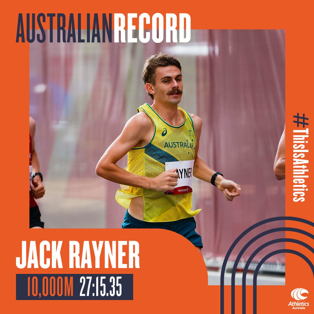 AustralianAths's tweet photo. RECORD FOR RAYNER 🔥🔥

Jack Rayner runs 27:15.35 to obliterate the Australian and Oceania 10,000m record of 27:22.55! The 44-second personal best sees him meet the standard for the World Athletics Championships and Commonwealth Games.

More to come 👀

#ThisIsAthletics https://t.co/oPkYVsA5V3