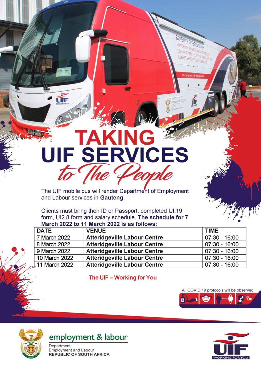 Good morning, #UIF Mobile Buses will be rendering departmental services in #Gauteng, #KwaZuluNatal and the #NorthWest from 7 March 2022 to 11 March 2022.

View the full schedules 👇🏾