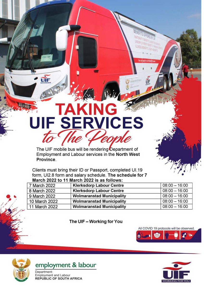 deptoflabour's tweet photo. Good morning, #UIF Mobile Buses will be rendering departmental services in #Gauteng, #KwaZuluNatal and the #NorthWest from 7 March 2022 to 11 March 2022.

View the full schedules 👇🏾 https://t.co/1BITqr5OYx