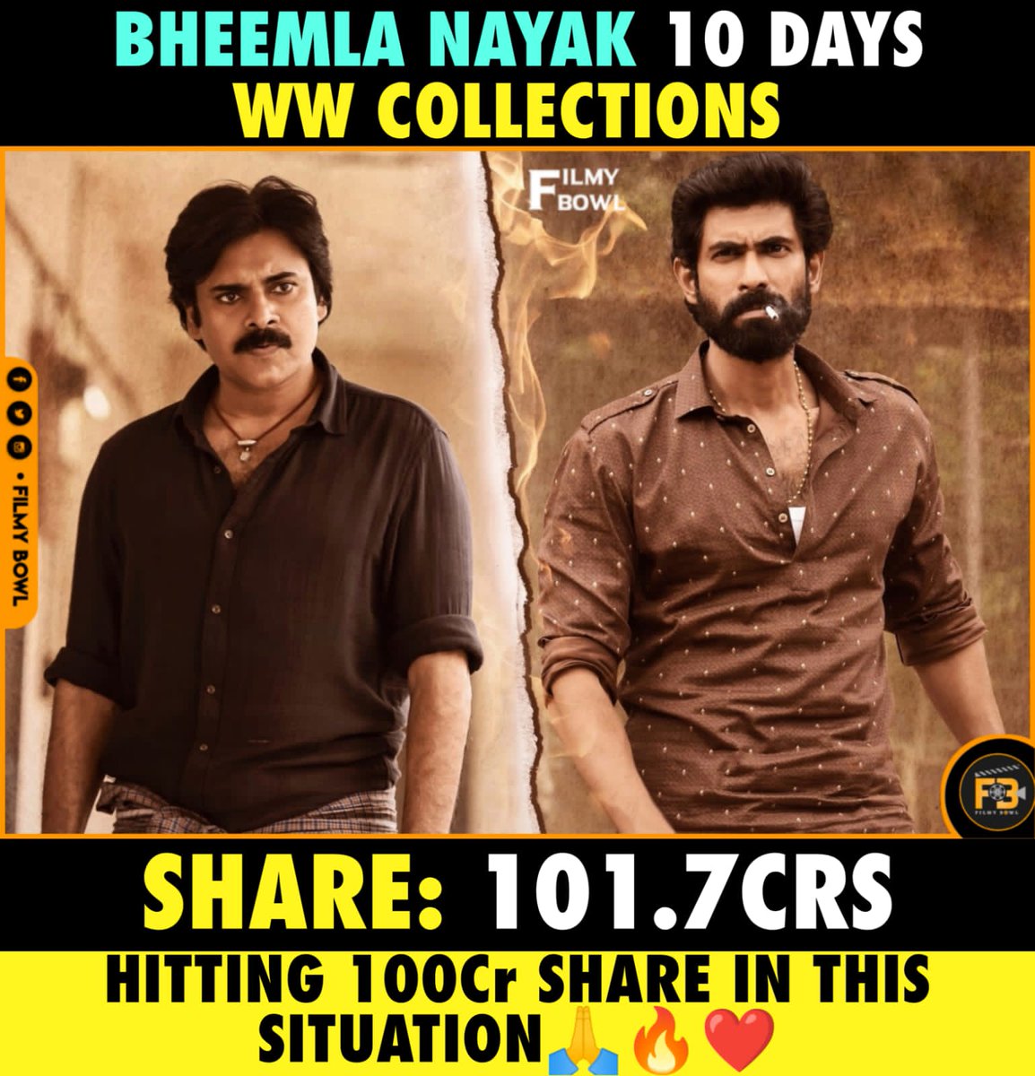 FilmyBowl's tweet photo. #BheemlaNayak 10 Days World Wide Collections.

#PawanKalyan #RanaDaggubati
#BheemlaNayakHits100Cr
#FilmyBowl 

Follow @SatishKTweets &amp; @FilmyBowl https://t.co/Gqym9qvki2