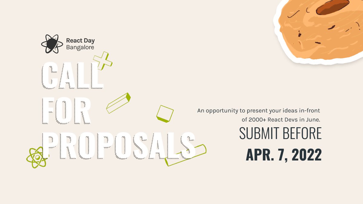 ReactDayIn's tweet image. 💥 Call for proposals 💥
Our conference CFP is open. 🎉
We are looking forward to receiving talk proposals on a wide variety of topics related to React, React Native, Frontend development.
Submit talk proposals before Apr 7, 2022.
reactday.in/cfp
🙏 RT for reach.