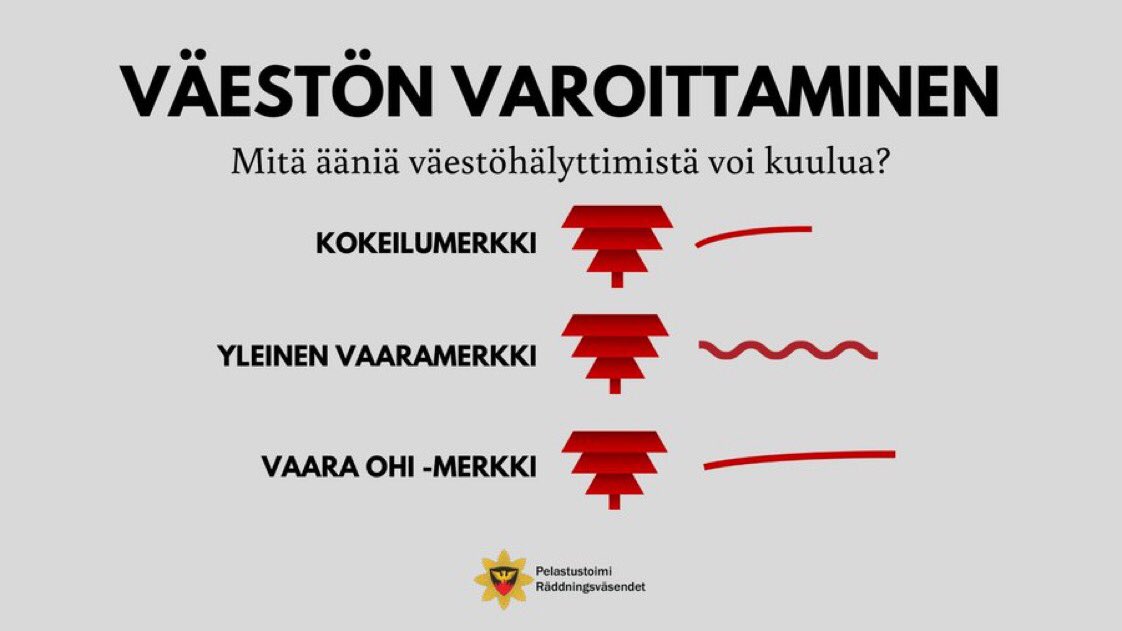 Tänään on kuukauden ensimmäinen maanantai, tämä tarkoittaa sitä, että kello 12.00 väestöhälyttimistä soi yleisen vaaranmerkin kokeilumerkki. Kokeilumerkki on 7s mittainen yhtäjaksoinen äänimerkki. Ei syytä huoleen!
#kokeilumerkki #väestöhälytin #pelastustoimi #varautuminen