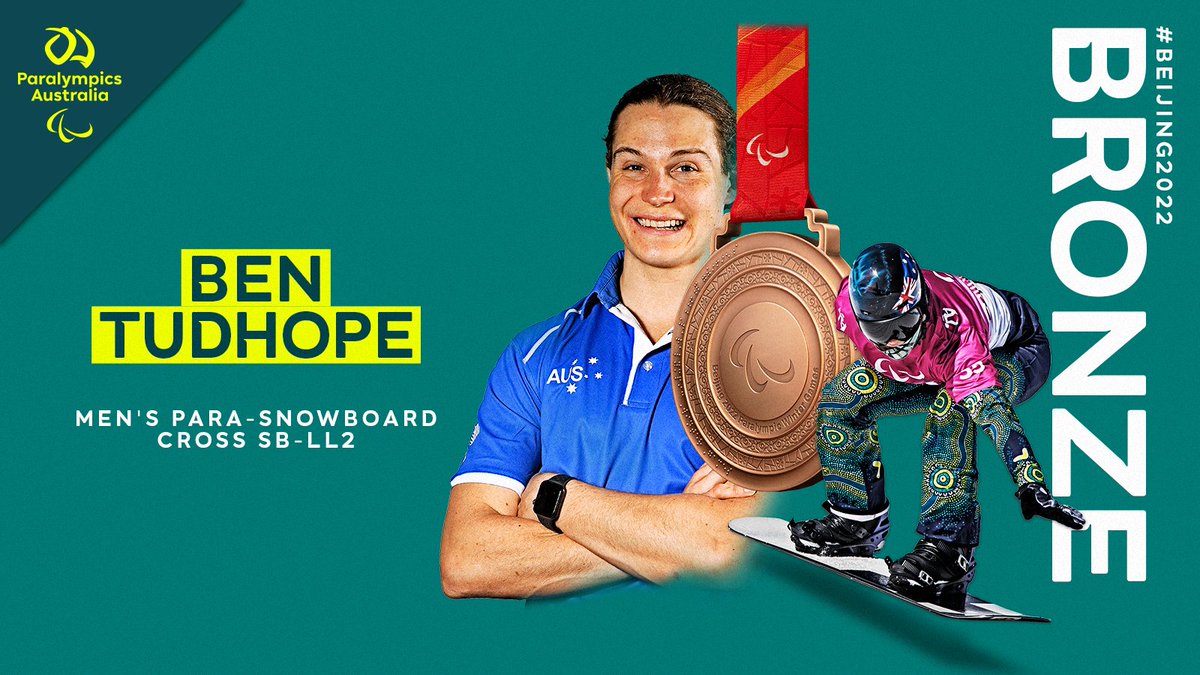 AUSParalympics's tweet photo. #ParaSnowboard 
BRONZE for @BenTudhope in the Para-snowboard Cross SB-LL2. 

It's Ben's 1st medal at a #WinterParalympics and Australia's 1st medal of the @Beijing2022 Winter @Paralympics.

Congrats Ben! 🙌 

#ReadySetSnow #Beijing2022 
@SnowAust  | @7Sport https://t.co/XX6ZIV9PGZ