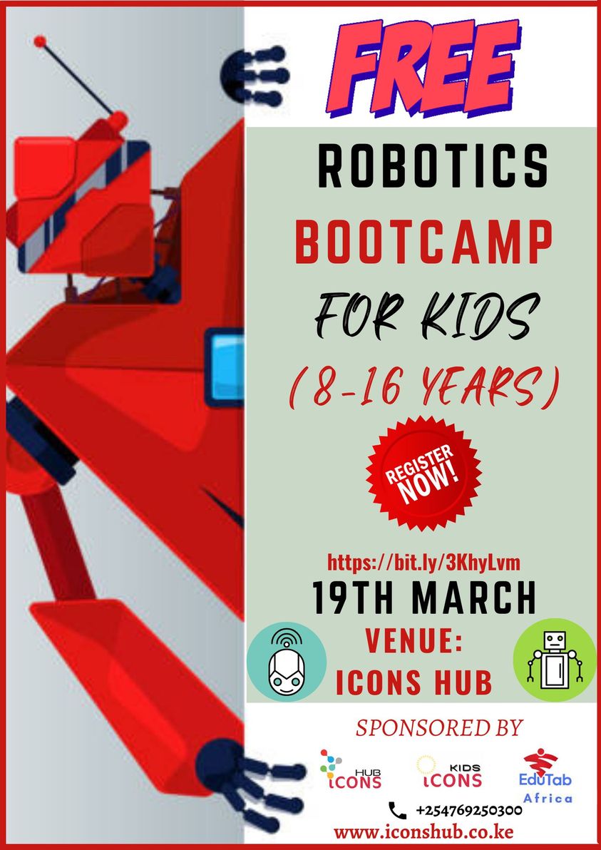 Edutab_Africa's tweet photo. Interested in #STEAM? We are excited to be collaborating with @iCONSHUB2 to bring a FREE Robotics Bootcamp for 8-16 yr old kids on 19th March at ICONS Hub in Kisii on 19th March. Get in touch via +254769250300 for enquiries. @IREN_Innovation 
#Kisii #Kisumu #STEM #STEAM #Robotics https://t.co/TQ4Zerxmki