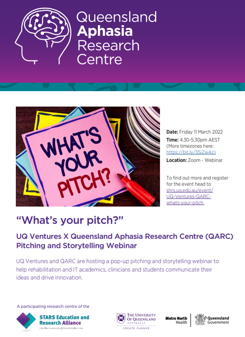 Free webinar Friday! Open to all rehabilitation clinicians, students, researchers and technologists. Learn pitching and storytelling skills to get your innovative ideas heard by funders and service managers.  Friday 11 March 4:30-5:30pm AEST. 
 shrs.uq.edu.au/event/UQ-Ventu…