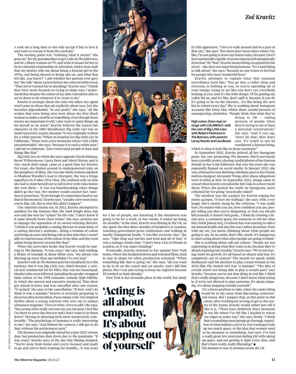 MovieCrazyP's tweet photo. Zoë Kravitz, #Catwoman en #TheBatman, en #TheObserverMagazine edición marzo 2022. https://t.co/cH5VJKlwmR