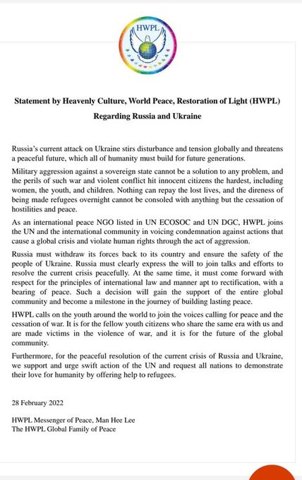 CandyOlivia7's tweet photo. Statement by Heavenly Culture, World Peace, Restoration of Light (HWPL) Regarding Russia and Ukraine
https://t.co/r0XOHQ41Tp
#nowar #TogetherPeace https://t.co/HVx0NrvrZ4