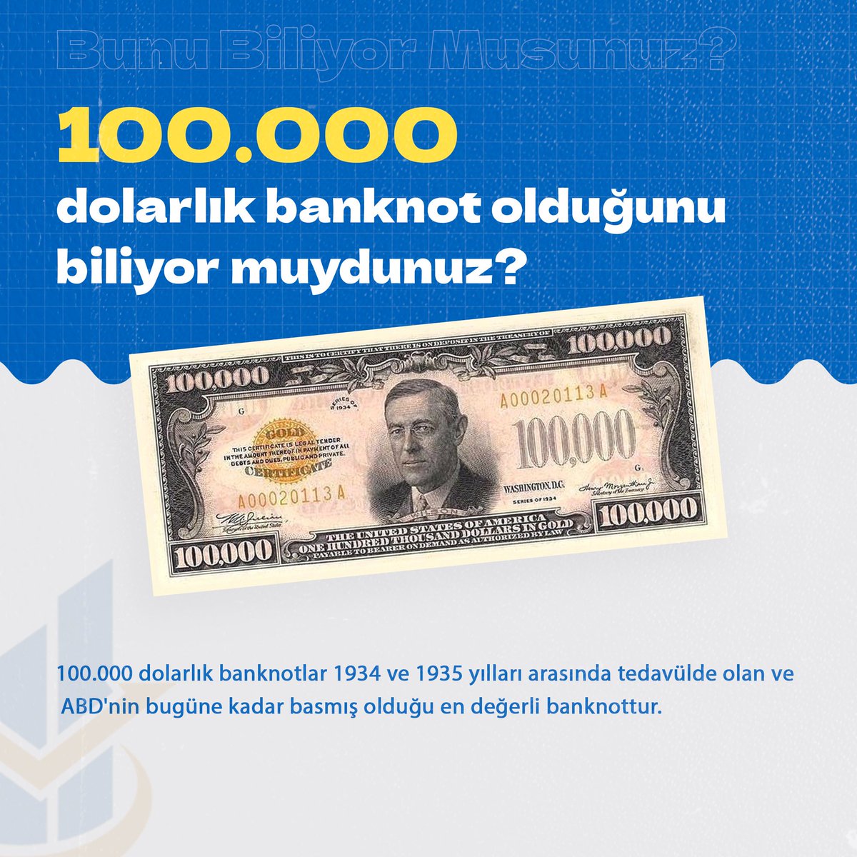finansnet's tweet photo. 100.000 dolarlık banknot hiç gördünüz mü?
Şimdiye Kadar Üretilen En Değerli Para 100.000 Dolar Altın Sertifikası Oldu. Bir aydan daha az zamanda basılan para 18 Aralık 1934, 9Ocak 1935 basım tarihlerini üzerinde taşır.
#finansdanismani #dolar #banknot #para #finance #Borsa https://t.co/D0v68O66fW