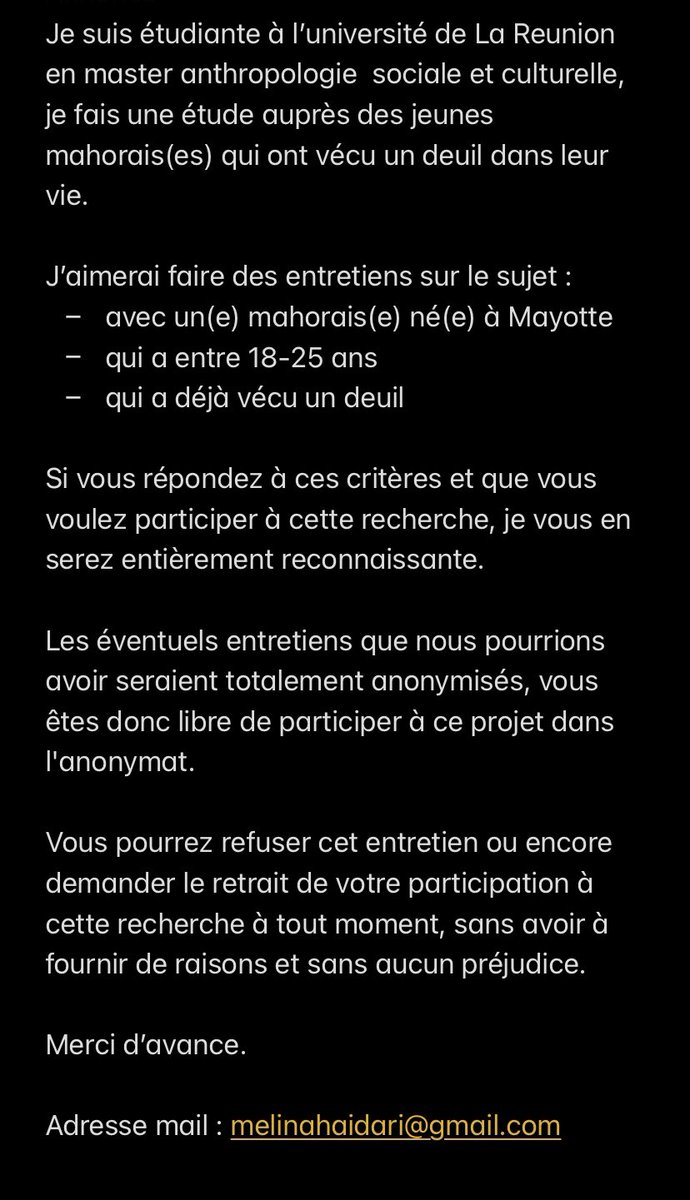 Mel_Hdr's tweet photo. Si vous connaissez quelqu’un qui répond aux critères et qui souhaitent bien répondre merci de me mettre en contact avec eux. #Mayotte #team976 https://t.co/0S4skch9Lz