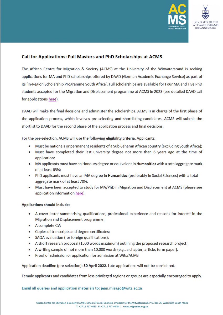 ACMSWits's tweet image. We are seeking applications for MA &amp;amp; PhD scholarships offered by DAAD as part of its In-Region Scholarship Programme South Africa. Full scholarships are available for Four MA &amp;amp; Five PhD students accepted for our 2023 Migration &amp;amp; Displacement programme: migration.org.za/call-for-appli…