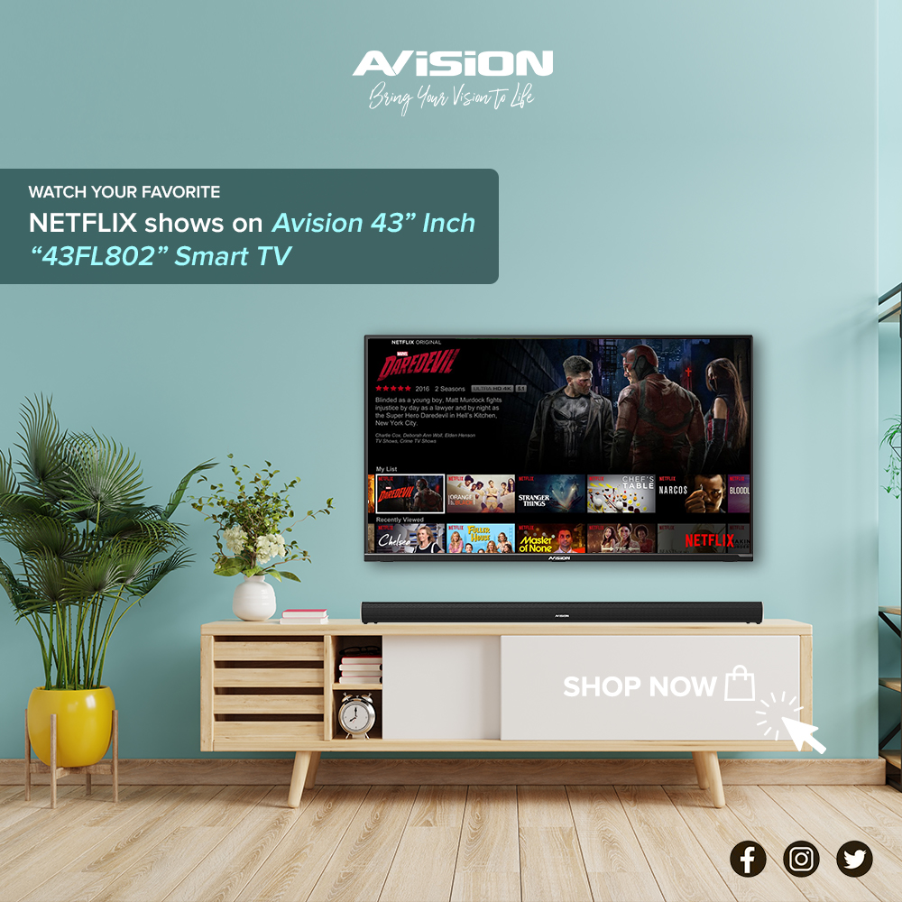 avisionph's tweet photo. Enjoy watching Netflix shows on Avision 43FL802 - 43" Inch Smart TV! Provides great color and contrast with reliable crystal clear, sound audio quality. 😍

Get it online here🛒:
Lazada: https://t.co/vROtbNiesk
Shopee: https://t.co/C3CY0ZFBgR

#AvisionPH #SmartTV #Netflix https://t.co/byga1fVGrA
