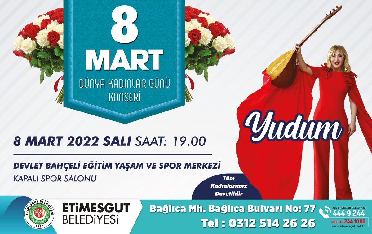 etimesgutbld's tweet photo. Tüm kadınlarımızı 8 Mart Dünya Kadınlar Günü kapsamında yarın düzenleyeceğimiz Yudum Konserimize davet ediyoruz.
Tarih: 8 Mart Salı 
Saat: 19.00
Yer: Devlet Bahçeli Tesisleri Kapalı Spor Salonu (Bağlıca Mah.)
#YudumKonser https://t.co/kEkhd9jjcm