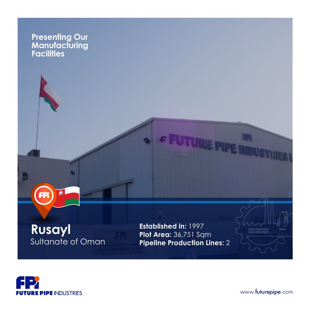 futurepipe's tweet photo. Presenting our manufacturing facility in Rusayl, Oman. 

Established in: 1997
Plot Area: 36,751 sqm
Pipeline Production Lines: 2

#futurepipe  #manufacturingfacility #compositepipes #fiberglasspipes #largediameter #rusayl #oman #sultanateofoman https://t.co/EHzMgwbeMx