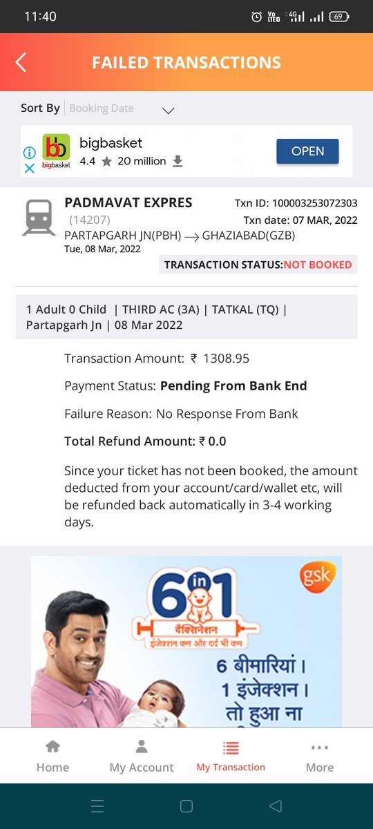 struggle_life14's tweet photo. @IRCTCofficial Hello sir,

I have made a transaction for ticket booking but even after bank payment success my ticket was not booked and neither the amount is being refunded in my account https://t.co/2Lg0zFrUbc