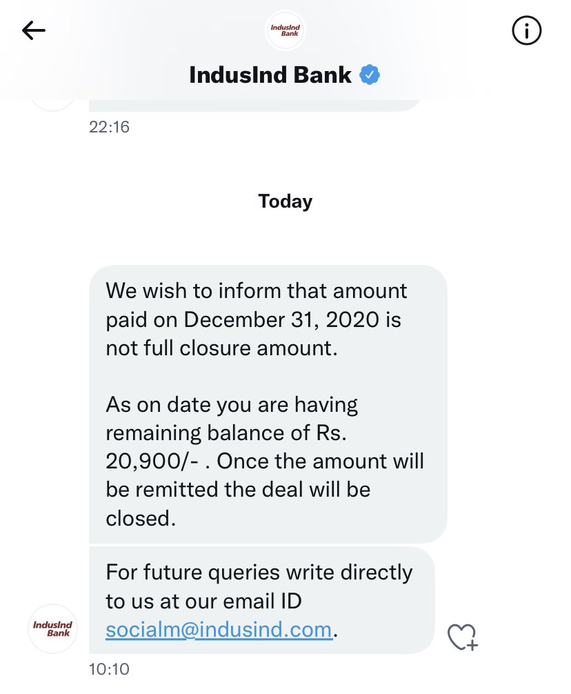 Sandeep190587's tweet photo. @MyIndusIndBank New #scam from this bank, on Dec 2020 we have agreed for loan settlement and paid the asked amount completely on same day. Now bank is asking me to pay more amount, this was my actual concern and getting the same reply again. https://t.co/mQG0s2QER0